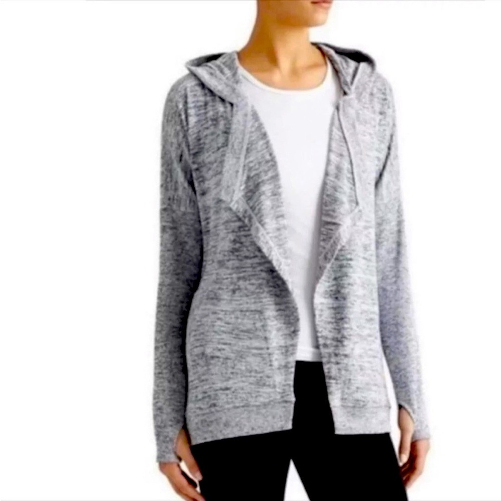ATHLETA Blissful Wrap Open Front Cardigan Jacket Hood Gray Space Dye XS